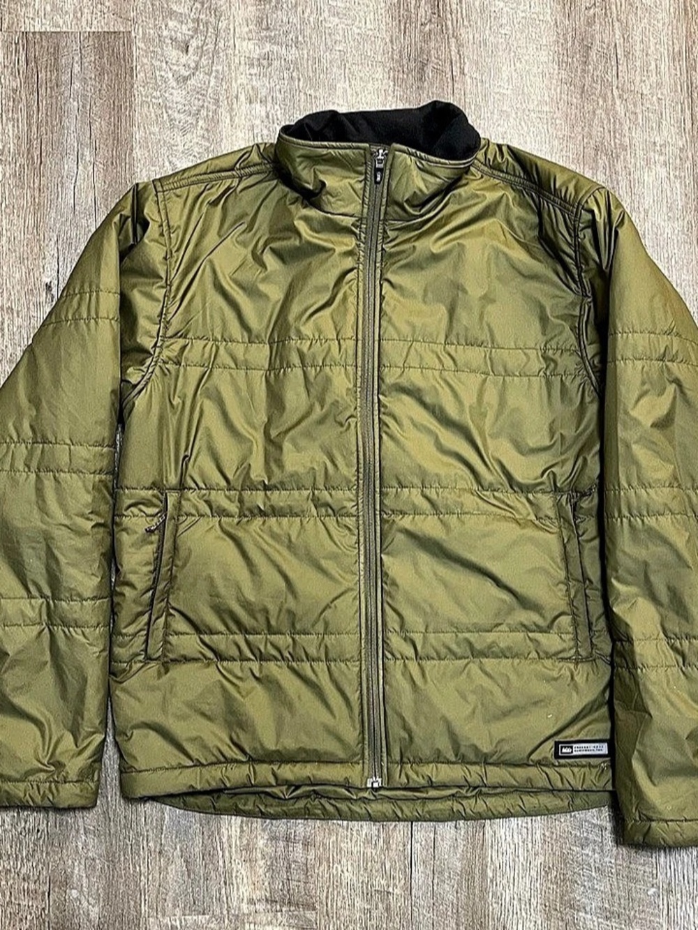 REI Quilted Puffer Jacket large Olive Green full zip winter coat